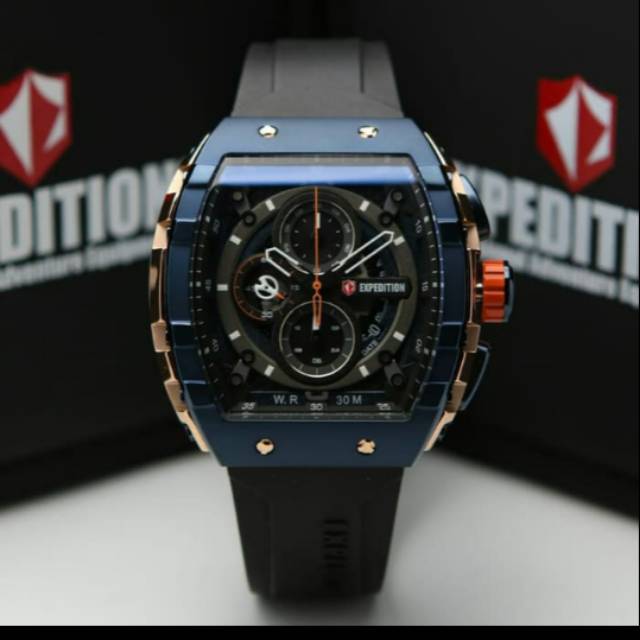 Jam tangan expedition e6782 pria original black rose gold ring blue