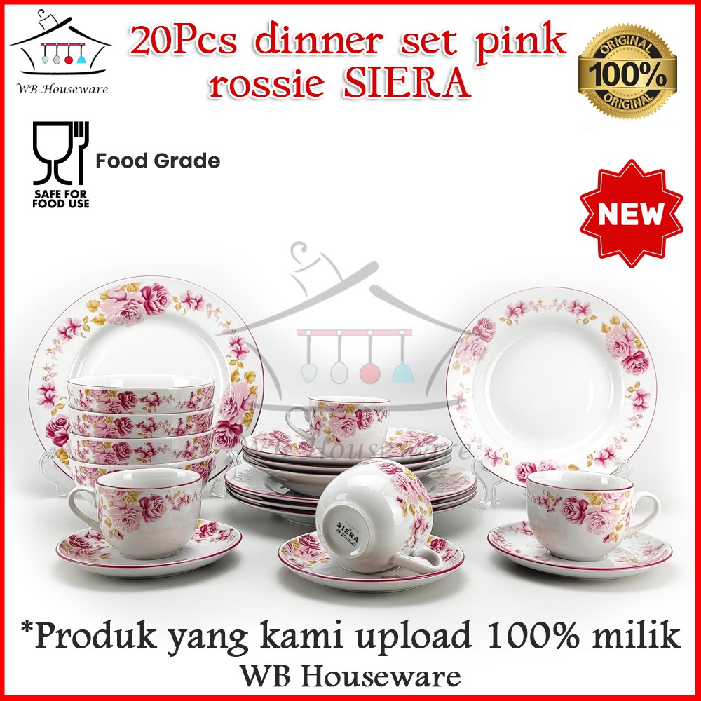piring mangkok gelas set motif pink rossie siera / dinner set 20pcs keramik SIERA