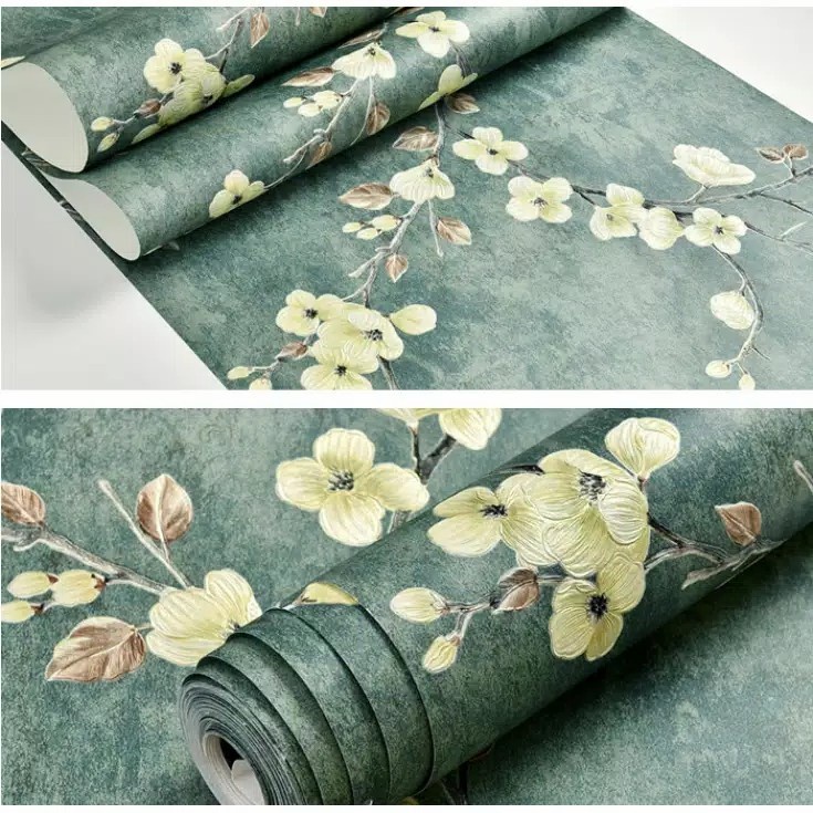 WALLPAPER DINDING SAKURA KUNING DASAR HIJAU TUA 45CM X 10M