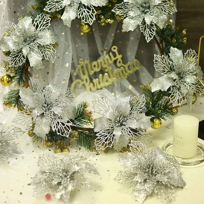 Hollow Christmas Flower Xmas Pohon Ornamen Produk Natal Bunga Buatan Warna-Warni Dengan Glitter Dekorasi Pesta Festival Musim Semi