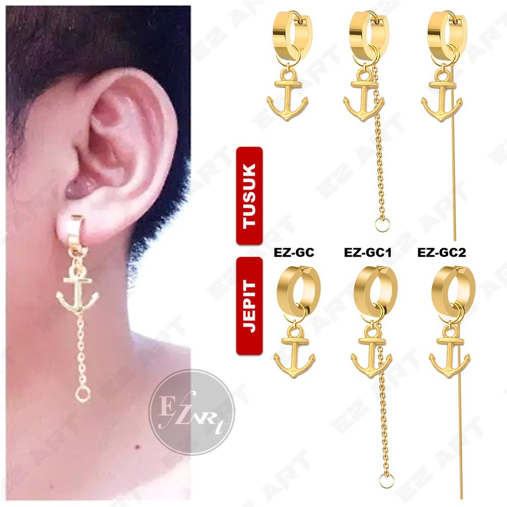 1Pc Model EZ-GC Gold Emas Anting Pria dan Wanita Jepit Tusuk Variasi Bandul Jangkar