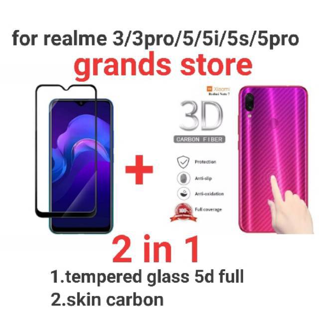 2 in 1 tempered glass 5d full +skin carbon realme 3/3pro/5/5i/5s/5pro/6/7/c1/c2/c3/c11/c12/c15/c17