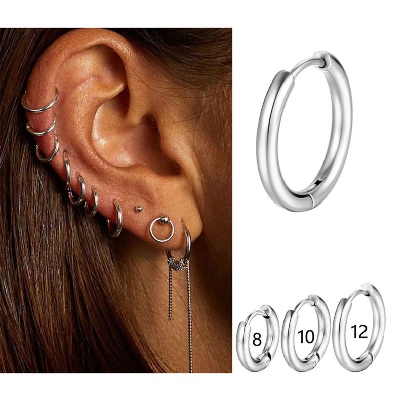 Siy 6Pcs Anting Bulat Bahan Stainless Steel Warna Silver Gaya Hip Hop Untuk Wanita