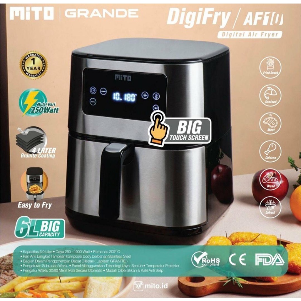 AIR FRYER MITO MITOCHIBA AF10 / DIGITAL AIR FRYER Touch Screen Low Watt MITO 6 LITER AF10 / AF10 /