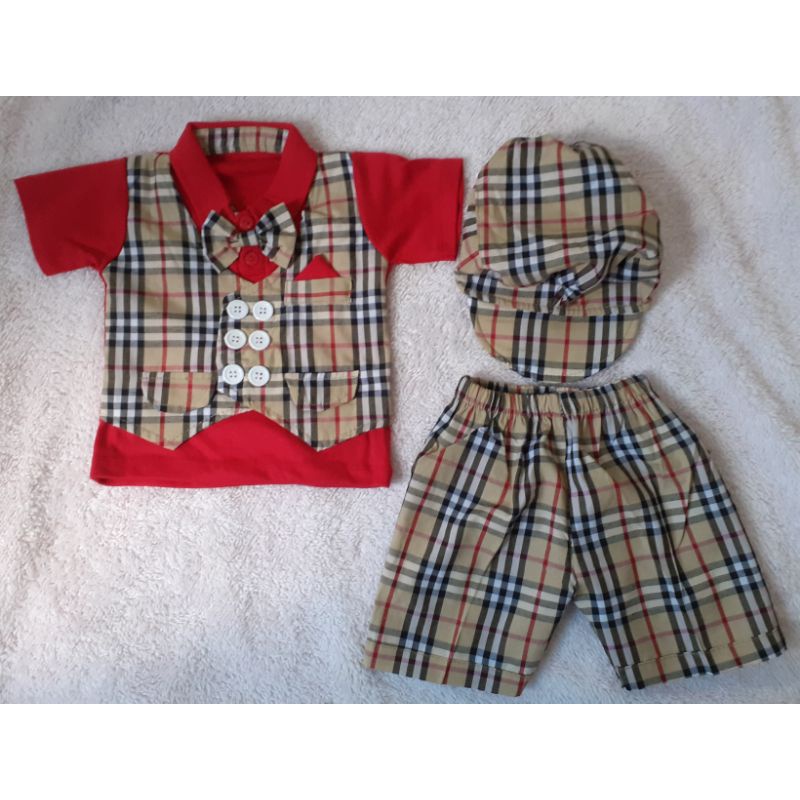 REALPICT ORIGINAL SET ROMPI BAJU CELANA TOPI BAYI ANAK COWOK LAKI KOREA KOTAK KOTAK