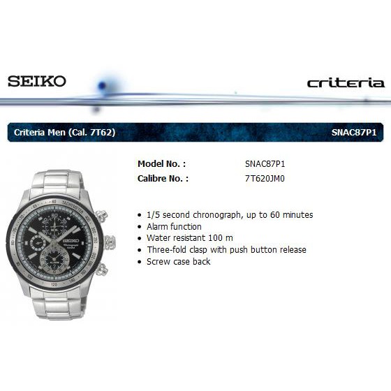 Seiko Mens SNAC87P1 Chronograph Alarm Black Dial | Jam Pria SNAC87