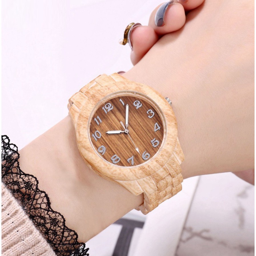 Jam Tangan KAYU Fashion Wanita Gaya Korea Casual Model Bulat Strap Quartz Analog Women Watches