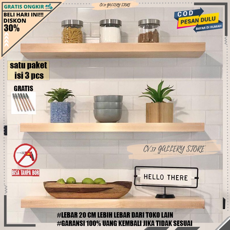 Rak Ambalan Lebar 20CM Hambalan Hiasan Dinding Rumah Ruang Tamu Kamar Tidur 3 PCS Tempat penyimpanan Pajangan Al Qur'an Buku Bunga Kosmetik make up Bumbu Dapur Dingding Tembok Tempel Decorasi Perlengkapan Cowok Kayu Tanpa Bor Susun Rumah Minimalis Ori20CM