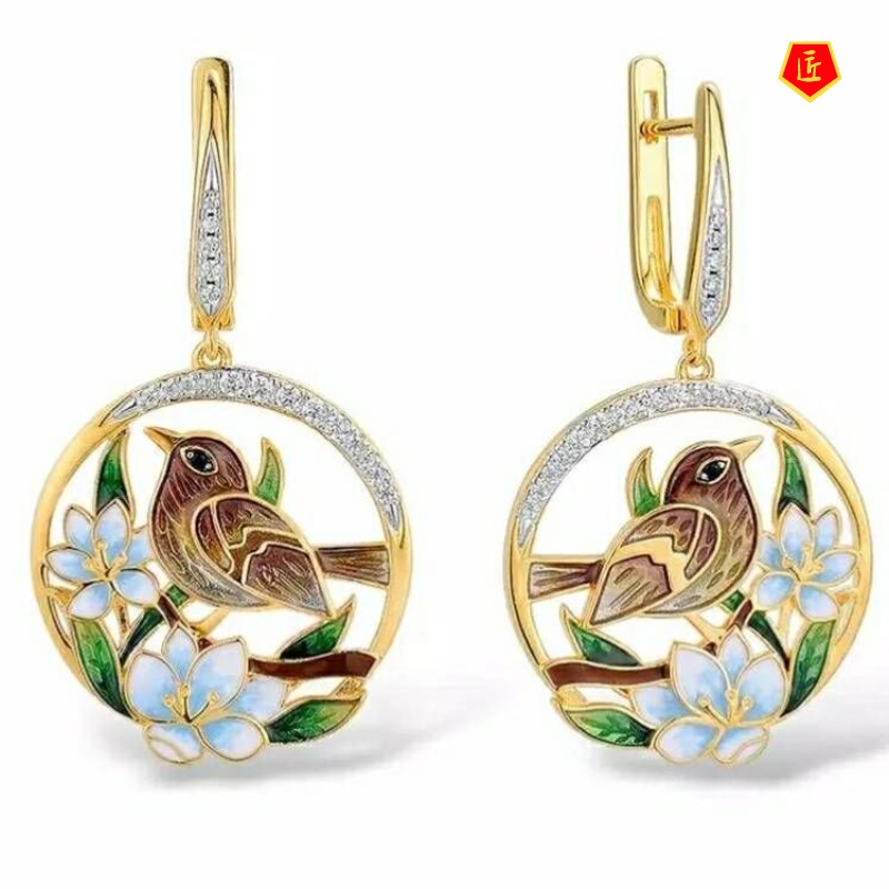 [Ready Stock]14K Gold Elegant Exquisite Full Diamond Bird Flower Earrings