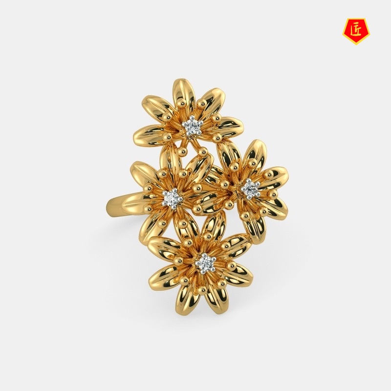 [Ready Stock]18K Gold Four Chrysanthemum Ring Luxury Temperament