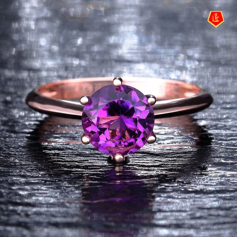 [Ready Stock]Rose Gold Garnet Colored Gems Classic Six-Claw Ring Fashion Simple Amethyst