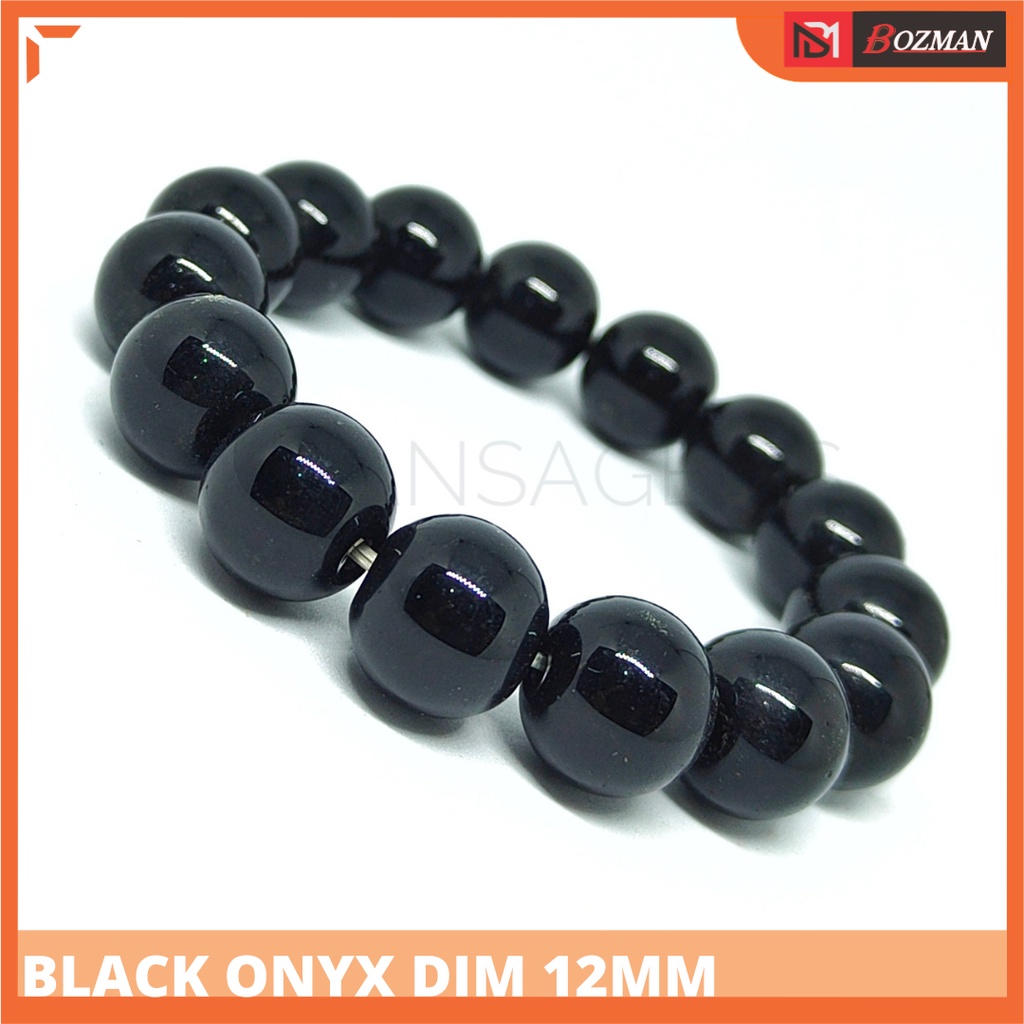 Gelang batu black onix warna hitam legam dim 10mm