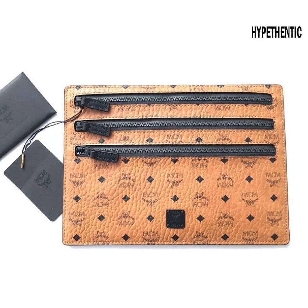 MCM Triple Zip Leather Cognac Clutch