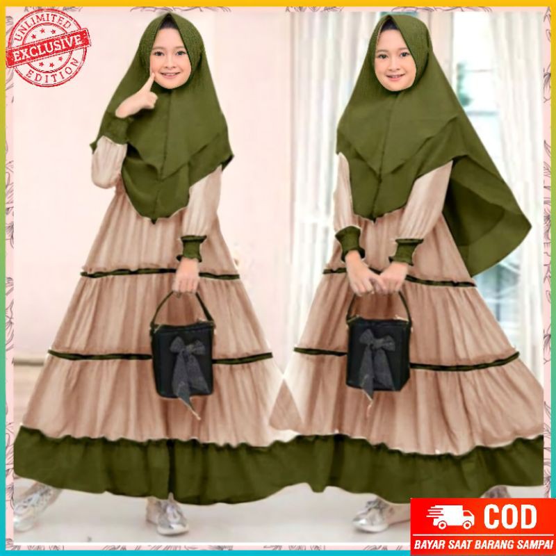 SETELAN FASHION BAJU ANAK PEREMPUAN MUSLIMAH PAKAIAN WANITA SYARI SUSUN LINE AIRA KID USIA 12-14TH