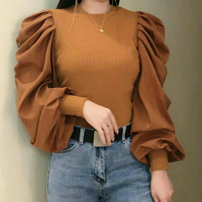 Angel Baju atasan blouse puff lengan balon rajut wanita import baju blouse rajut cewek import hitam