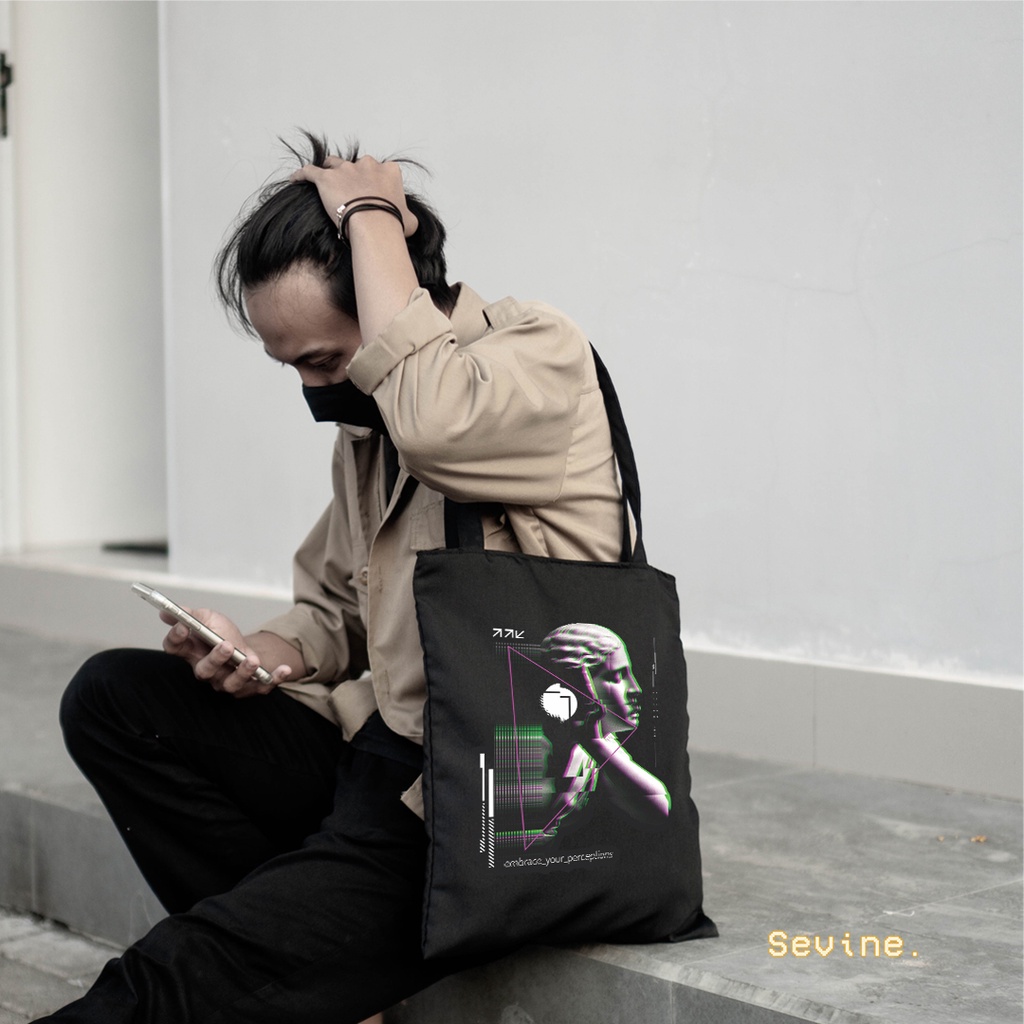 Sevine Totebag Fashion Tas Tote Bag Hitam Resleting Pria Wanita Laptop Kuliah Retro Vaporwave - HVW2