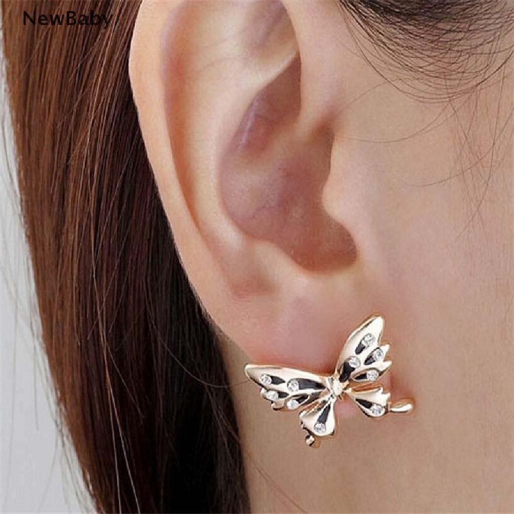 Newbaby 1 Pasang Anting Klip On Wanita Desain Kupu-Kupu Hias Kristal