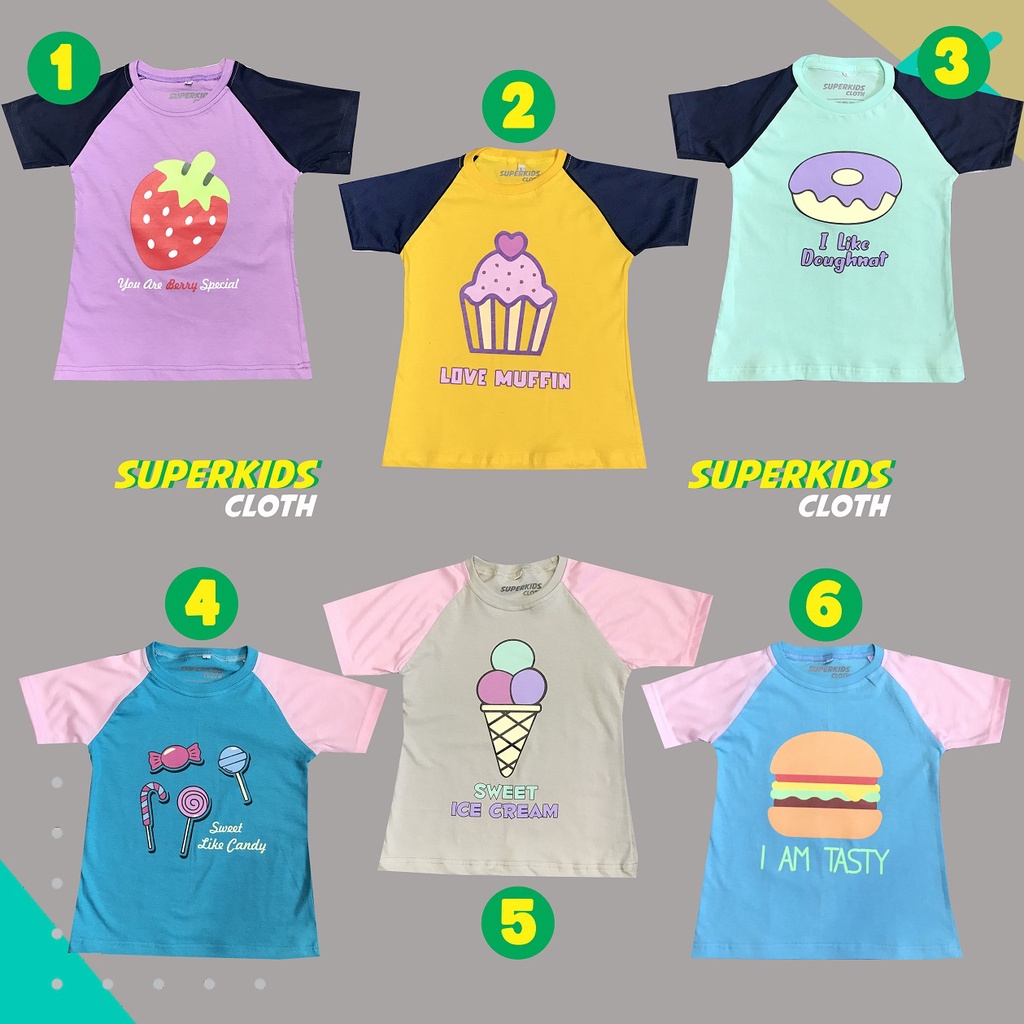 BAJU ANAK PEREMPUAN MODEL RAGLAN MOTIF LUCU WARNA KALEM | KAOS ANAK PEREMPUAN | KAOS ANAK PEREMPUAN | PAKAIAN ANAK CEWEK STRAWBERRY MUFFIN DONAT BURGER ICE CREAM MURAH VIRAL TERLARIS ECER GROSIR SUPERKSIDCLOTH UMUR 1 2 3 4 5 6 7 8 9 10 11 TAHUN
