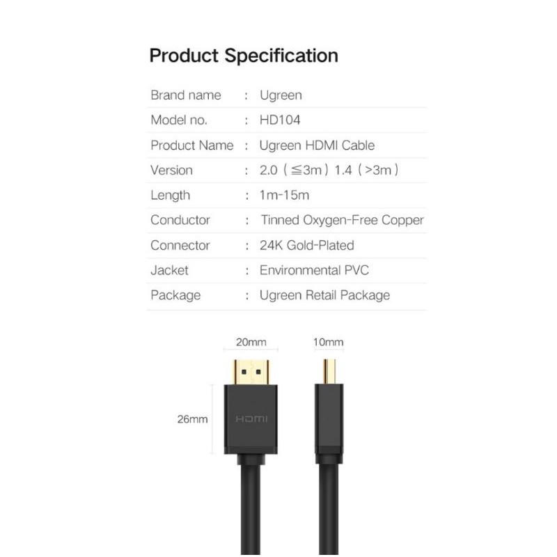 Ugreen Kabel Hdmi Male to Hdmi Male 4K 3D Ultra HD V1.4 High Speed Original