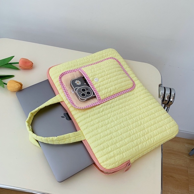 Sleeve Pouch Sarung Tas Pillow Bag Case Ipad Tab Tablet Macbook Air Pro Laptop Asus Acer Lenovo HP Huawei 11 12 13 14 15 inch Motif Polos Aesthetic Warna Pink Kuning Coklat Yellow Brown Lucu Cute Murah Korean Model Tali Jinjing Puffy Kuliah Sekolah Kerja