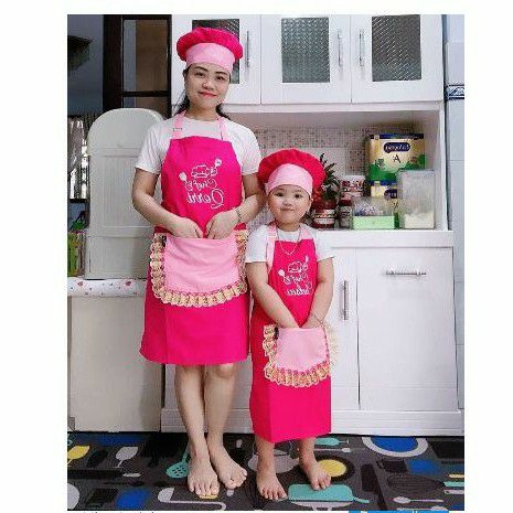 Celemek apron anak renda,Topi koki anak dan hand glove / cempal / sarung tangan anti panas