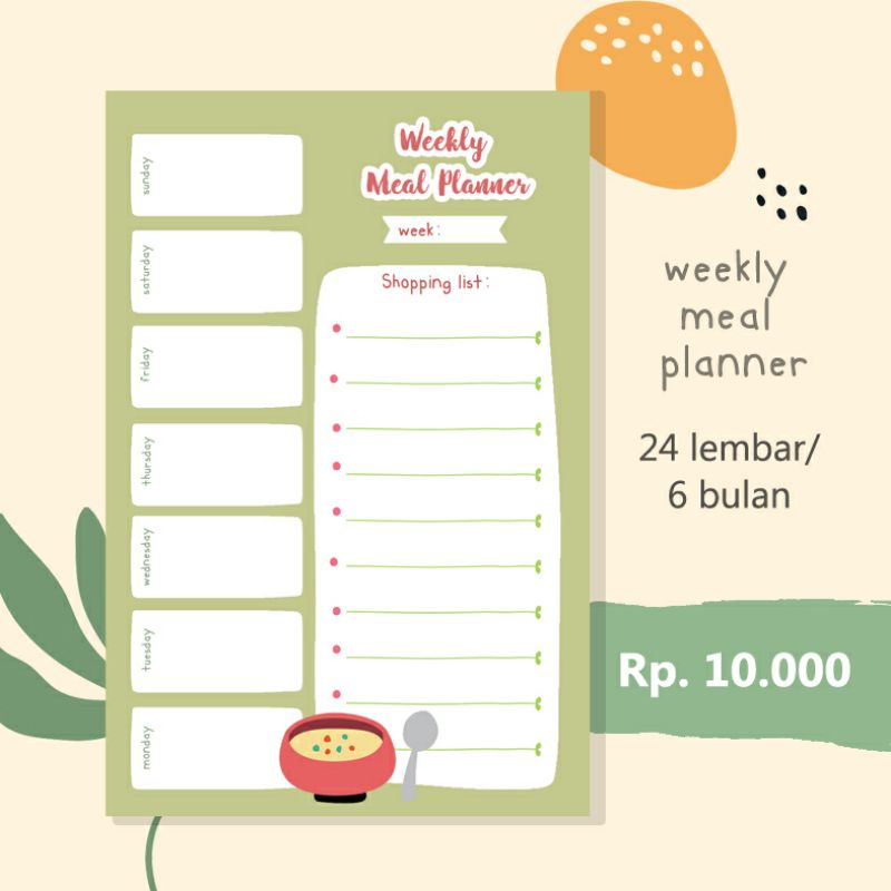 

(fiafabric) RENCANA DAFTAR MAKANAN WEEKLY MEAL PLANNER LEMBARAN | SHOPPING LIST