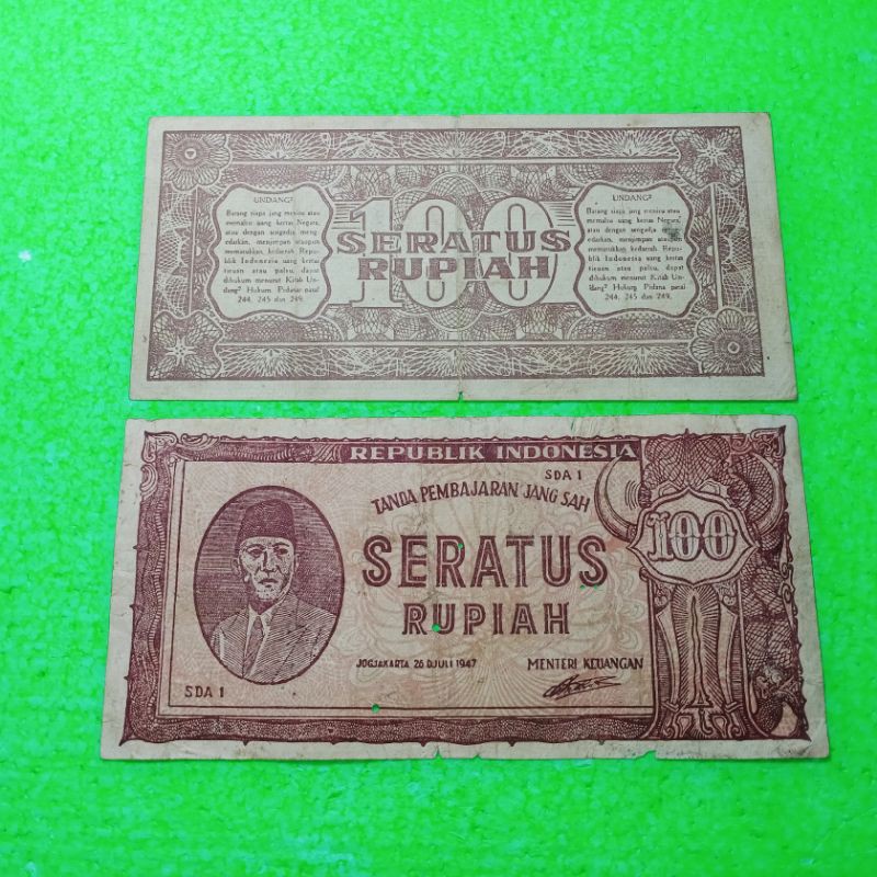 UK308 UANG KERTAS KUNO SERI SUKARNO 100 RUPIAH 1947 KOLEKSI UANG KERTAS LAMA UANG KERTAS JADUL
