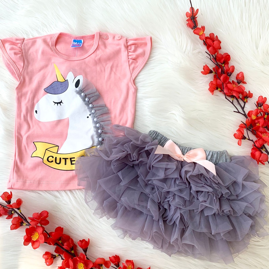 Setelan baju kaos rok bandana lucu pergi hangout fashion anak bayi cewek perempuan baby girl -uni