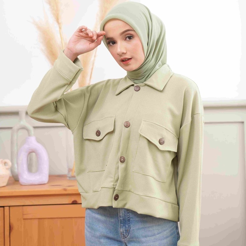 Jaket Crop Wafle Knit Oversize Wanita