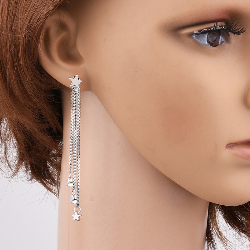 LRC Anting Tusuk Fashion Silver Color Star Shape Decorated Simple Long Chain Pure Color Earrings