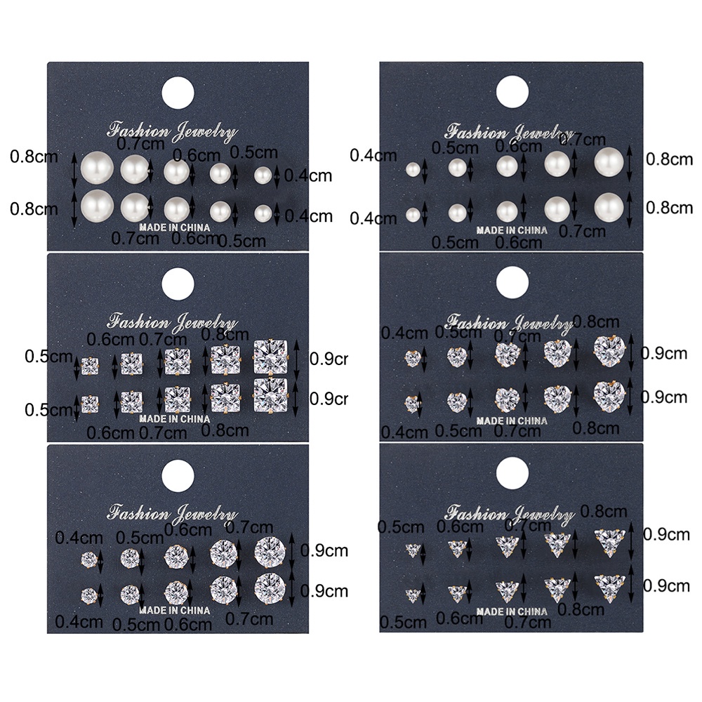 AY(CN) 15 Pasang / Set Anting Stud Kristal Mutiara Bentuk Segitiga Persegi Hati Untuk Aksesoris Perhiasan Wanita