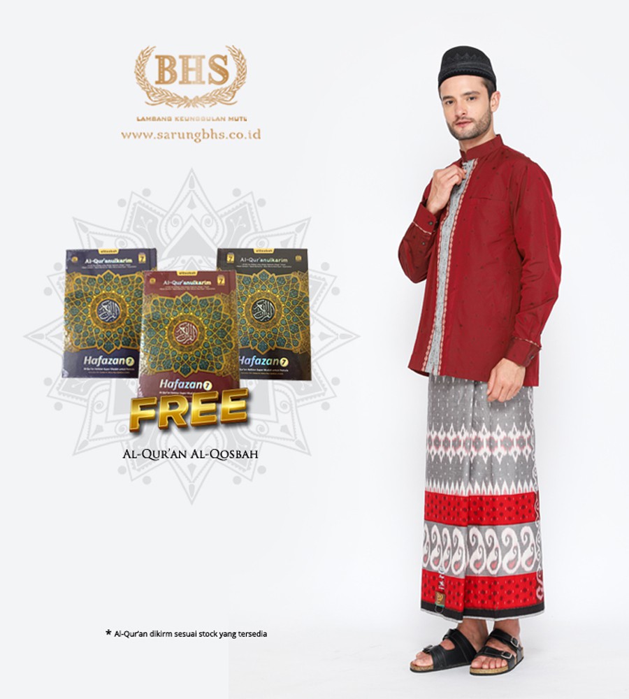 Sarung BHS Royal Gold Motif Ikat Border Dua Warna Abu Merah