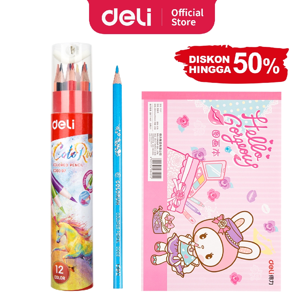 

Deli super combo Pensil Warna 12 Warna dengan Bonus Rautan Pensil pada with sketch book