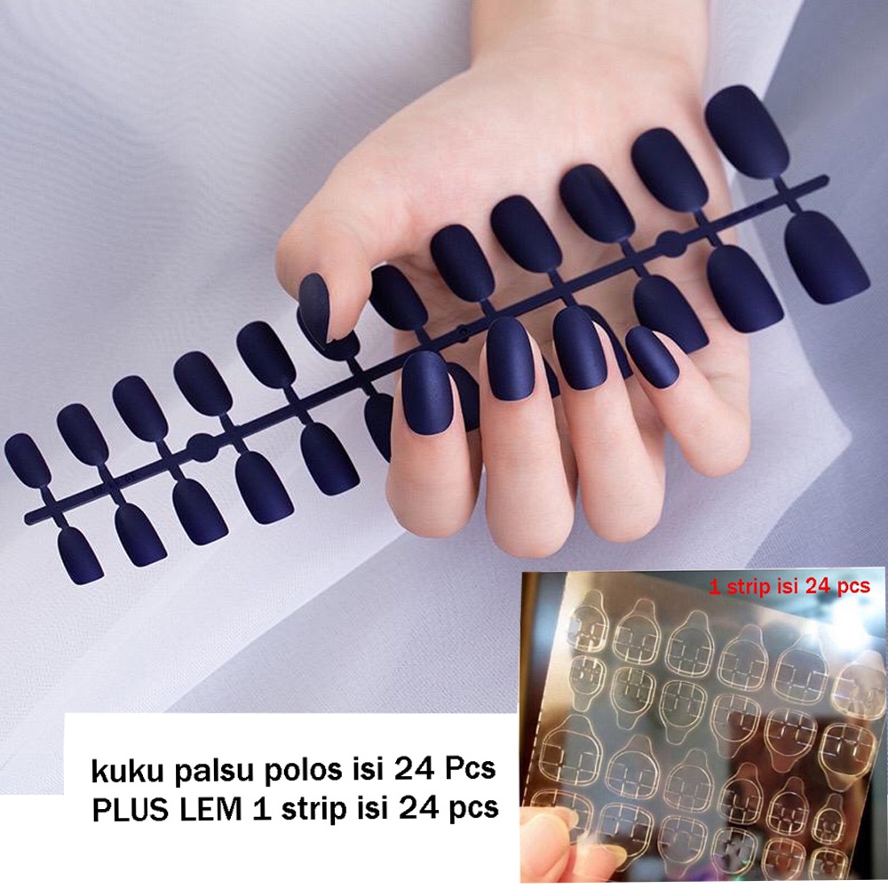 24 Pcs Kuku Palsu Biru Polos Free Lem Kuku - Nail Art Wedding - Kuku Polos Biru - Kuku Perkawinan