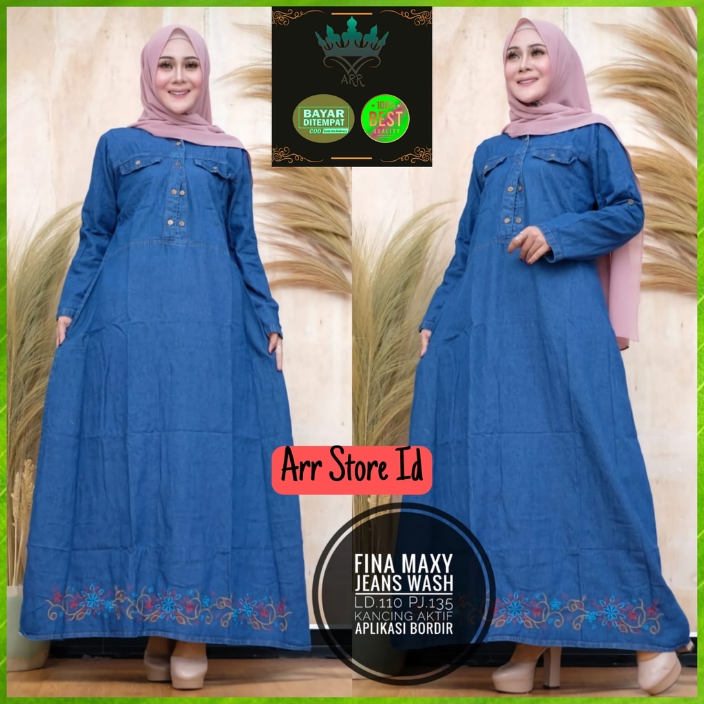 Baju Gamis Dewasa Jeans Jens Denim Wanita Terbaru 2023 Modern Busui Bordir Bunga Variasi Kantong Kekinian Premium Ld 110 P 135 New Fina Maxy Allsize