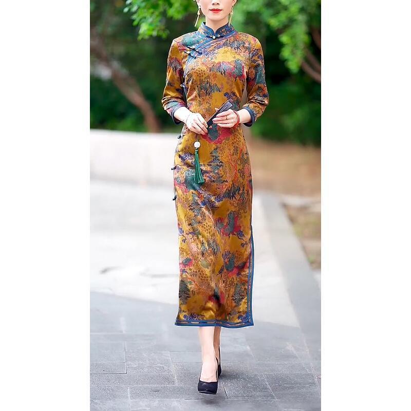 National style retro improved cheongsam dress women's 2021 autumn new middle-aged and elderly mother