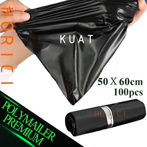 Plastik Packing Olshop PE Polymailer 50x60cm Lem Perekat Isi 100pcs Anti Plong Hitam Glossy Tebal