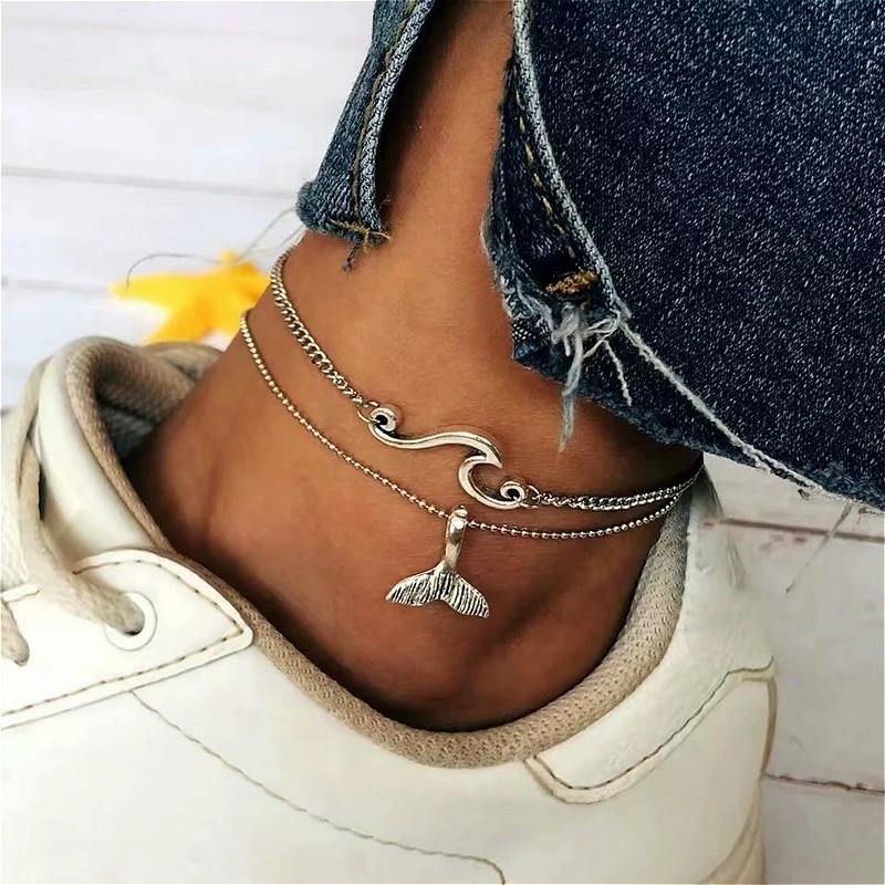 2pcs Gelang Kaki Rantai Wanita Desain Gelombang Whale Tail Untuk Musim Panas