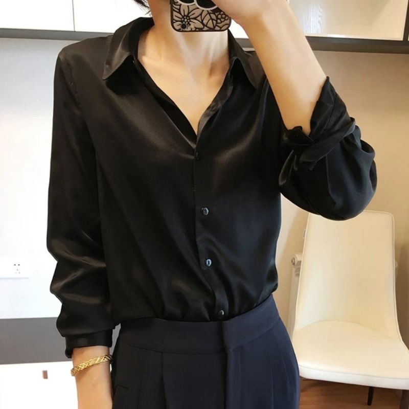 Zero~ 2520 Adella Silk Satin Plain Shirt//Atasan Kemeja &Blouse Wanita//Fashion Import-Black