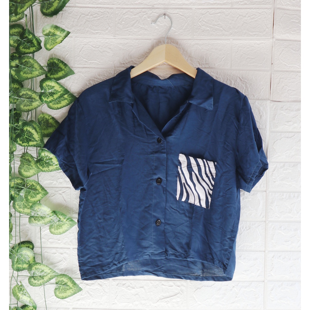 Baju Kemeja Wanita Two Tone Animal Kekinian / Kemeja dua warna / Top Wanita / Atasan Wanita-Navy Polos