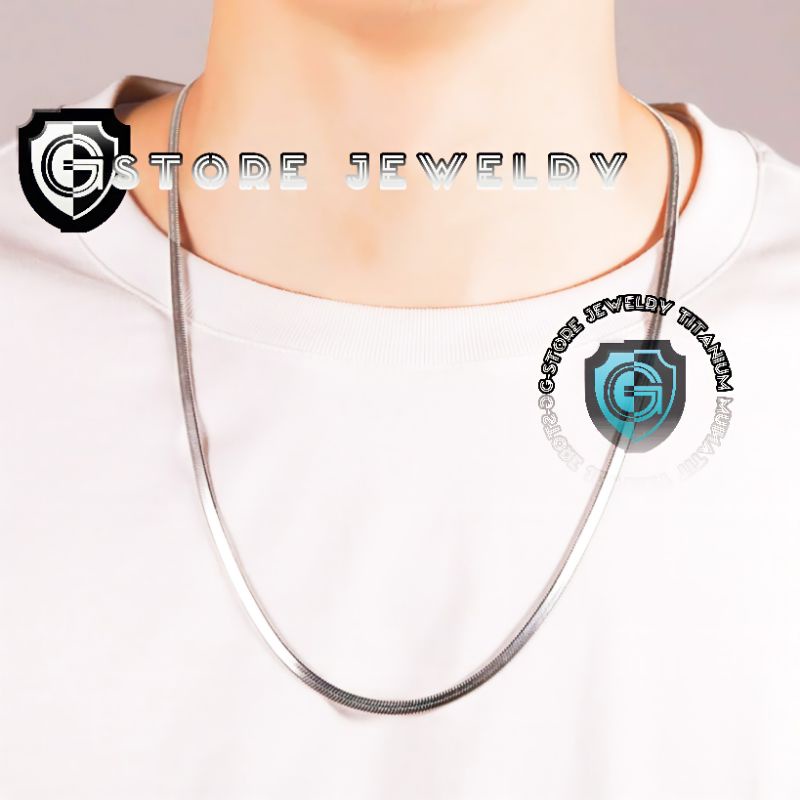 kalung titanium pria cowok keren asli anti karat ori original 100% emas putih silver perak gepeng pi