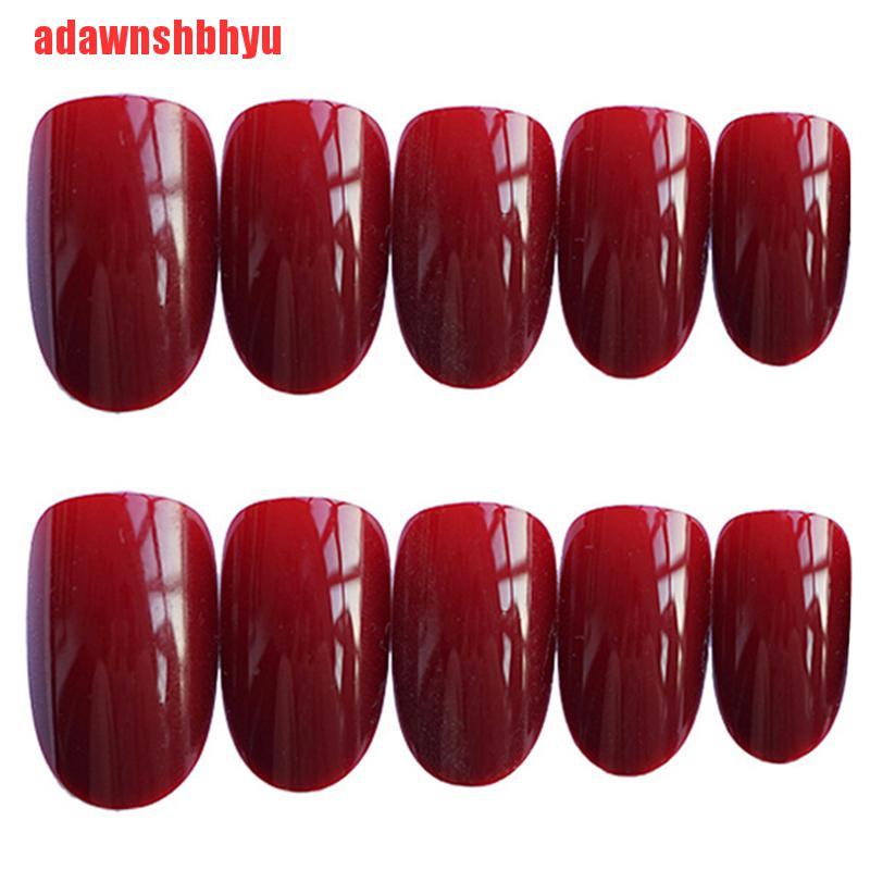 24pcs Kuku Palsu Warna Merah Wine Bentuk Bulat Untuk Dekorasi Manicure