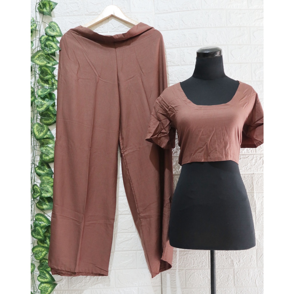 Baju Setelan wanita Crop Square Kekinian Karet / one Set Crop Square/ Top wanita-Mocca Polos