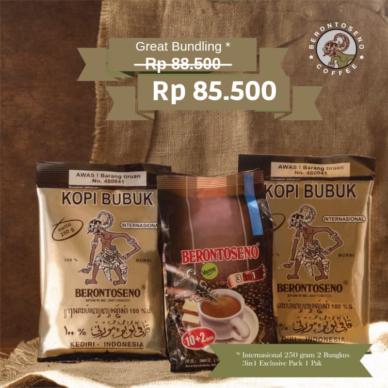 

Kopi Berontoseno Great Bundling Internasional 250 gram + 3 in 1 Pack