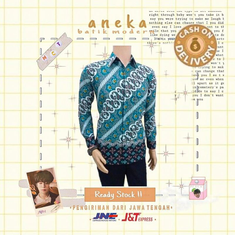 KEMEJA HEM ATASAN BATIK PRIA COWOK BIG SIZE JUMBO LENGAN PANJANG WARNA HIJAU TOSCA