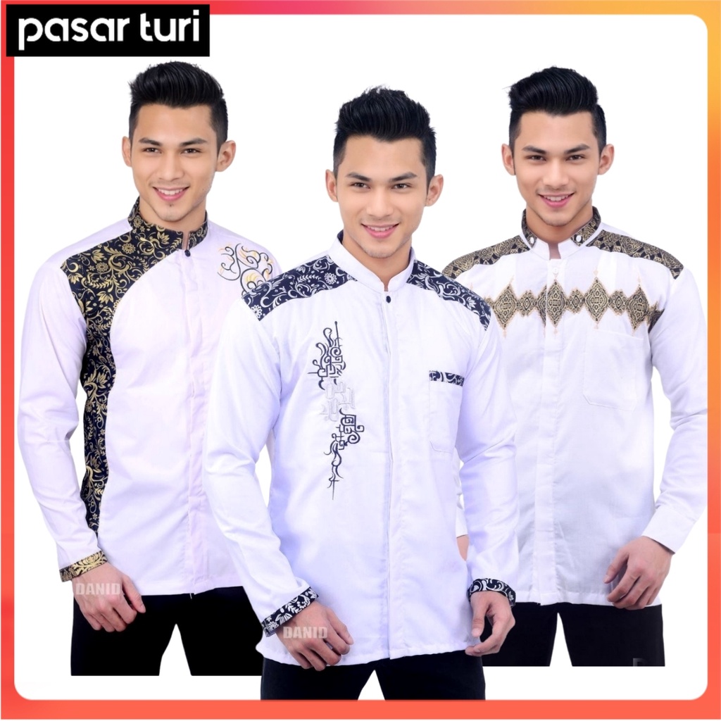 Baju Koko Putih Lengan Panjang Kombinasi Batik Bordir Pria ANSBATIK