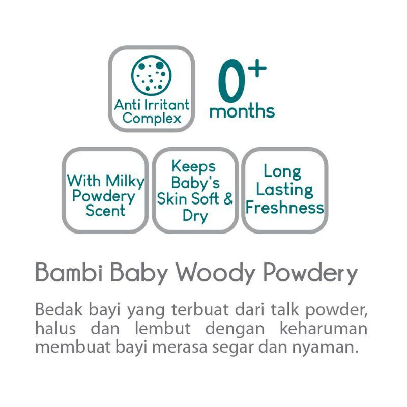 Bambi Baby Powder 100gr Woody &amp; Milky Powdery Pink Biru/bedak bayi