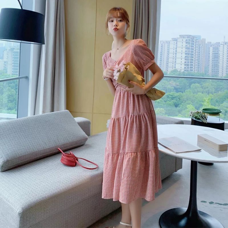 dress kotak kotak merah import wanita korea dewasa garis garis mini dress