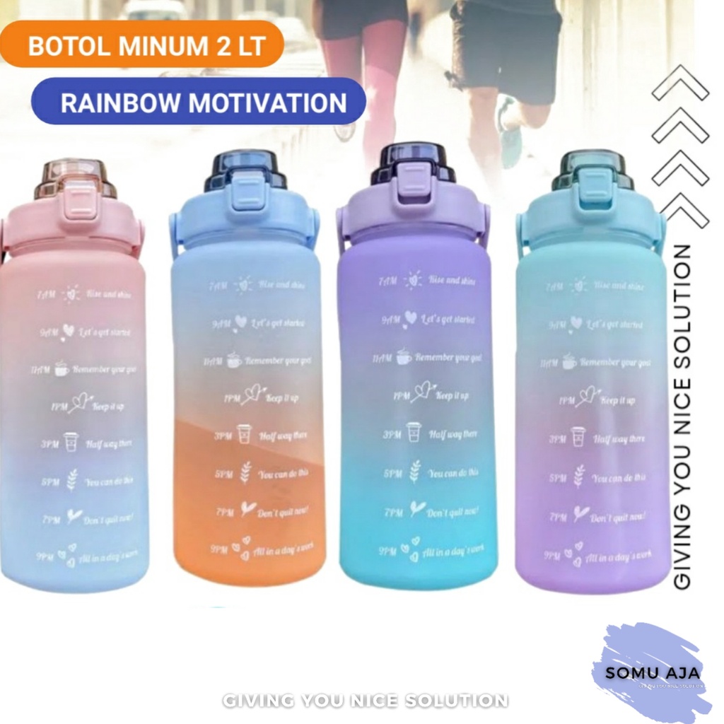 VIRAL Botol Minum RAINBOW Pelangi 2L 2 Liter Warna Pastel Gradasi Ombre dengan PENANDA WAKTU Viral T
