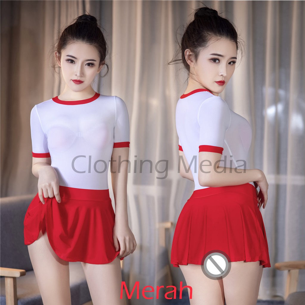 Baju Leotard Rok Set Silky Cosplay Sporty Jepang Elastis Semi Transparan